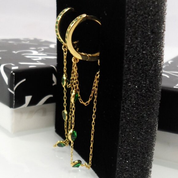 GABI RIELLE 14K Gold-Plated Sterling Emerald Crystal Dangle Pave Huggie Earrings - Picture 12 of 13